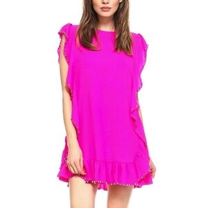 TCEC Barbie Pink Round Gunmetal Appliqué Trim Ruffle Textured Shift Dress Large